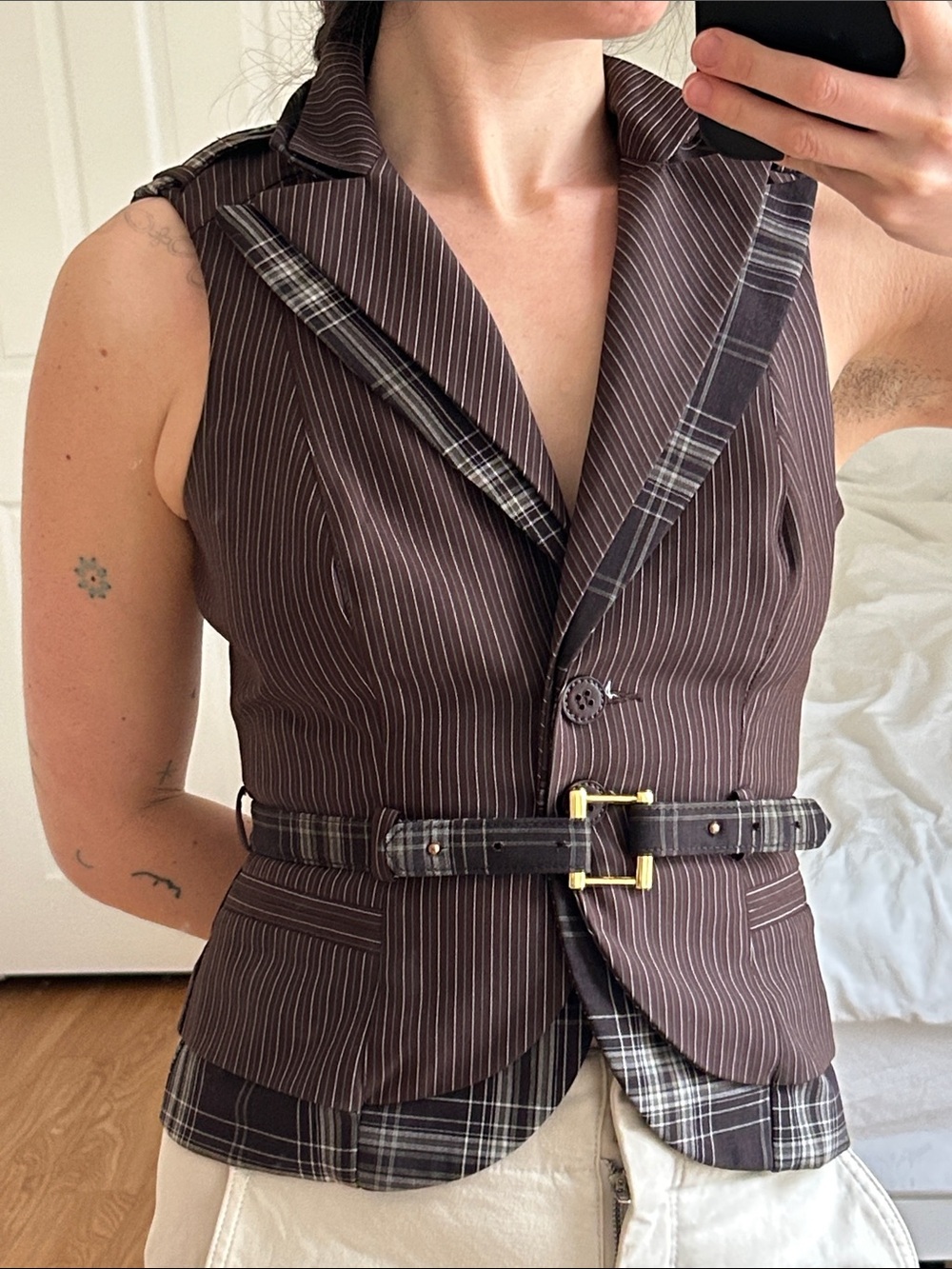 bebe Brown Pinstripe Sleeveless Blazer Vest with Plaid Trim and Belt